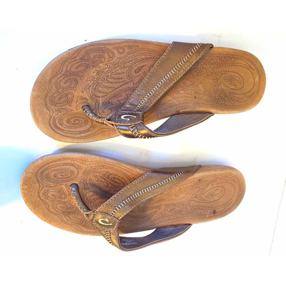 ​OluKai Paniolo Metallic Bronze Leather Flip Flop Sandals Women’s US 9 EUR 40